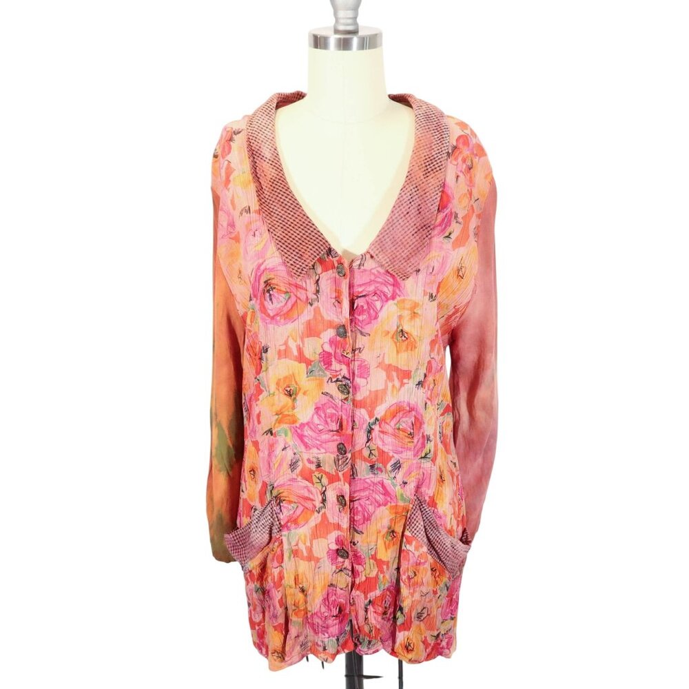 URU Art to Wear Floral Crinkle Portrait Collar Long Sleeve Tunic Top One Size